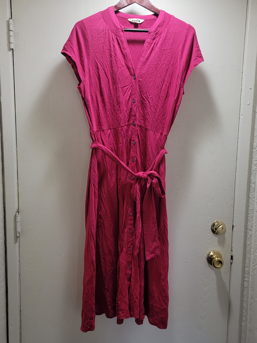 Boden Fuchsia Button-Front Midi Dress with Tie Waist